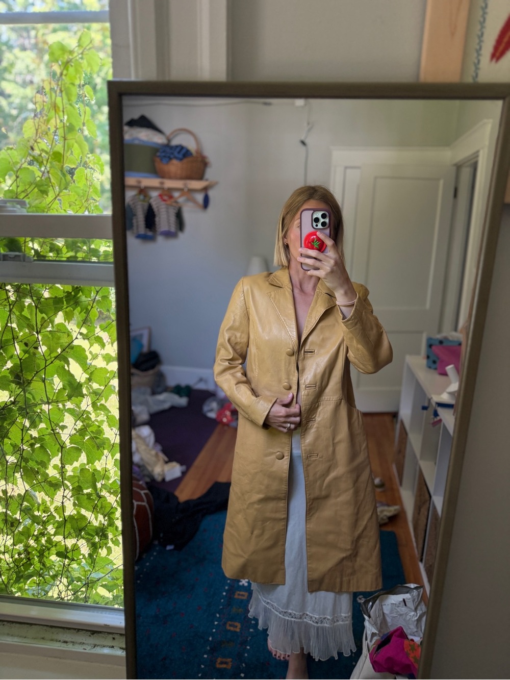 Vintage Women's Long Leather Trench Coat in Mustard